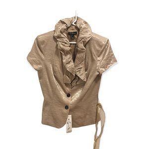 Cartise Gold Button Up Ruffle Front Evening Dressy Blouse Top